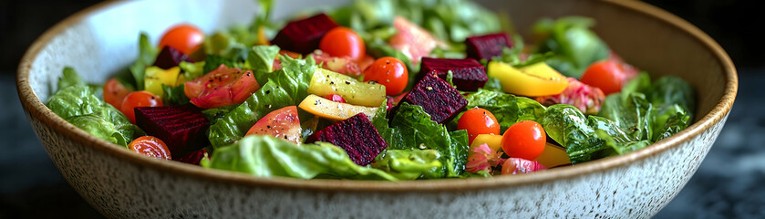 Close-up of a bowl of salad with fresh greens, diced beets, cherry tomatoes, and yellow peppers.
