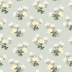 Tiny handful of flower bouquets placed in one direction. Yellow and white flowers with green leaves on print green background. A seamless vector pattern. Great for home decor, fabric, wallpaper, gifts