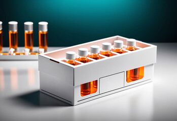 A clean white mockup of a box containing 10 ampoules of clear, sterile liquid, carefully arranged on a white background. The box is sleek and modern, with a clear label displaying.