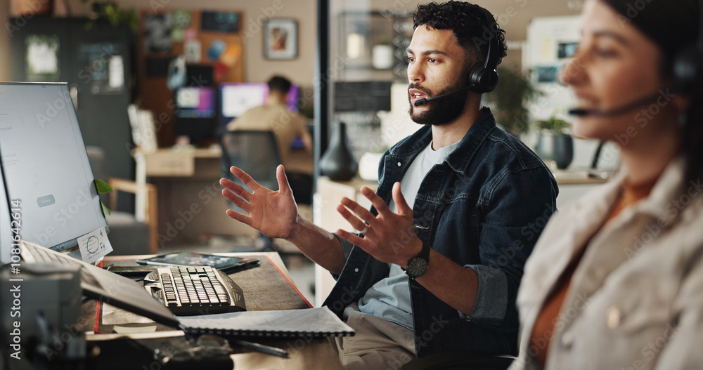Poster businessman, consultant or tech support with headphones at call center for web navigation or technic