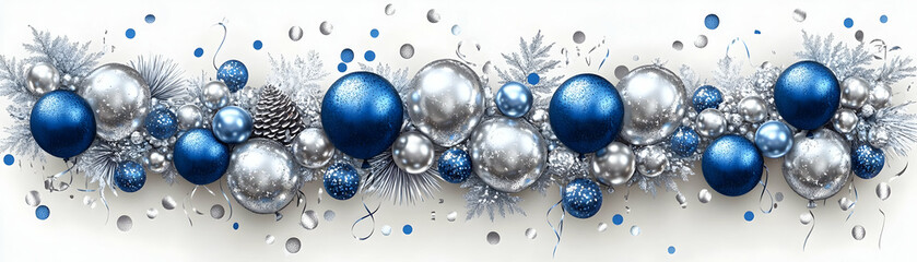 Festive Christmas garland with blue and silver ornaments, pine branches, and confetti.