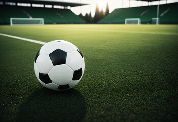 A realistic photograph of a clean, white soccer ball resting on a green, manicured soccer field. Next to the ball are a pair of sleek, white football boots, laces neatly tied.