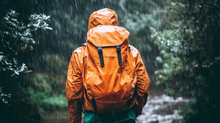 Adventurer in an orange backpack and rain jacket embracing nature s challenges in the rain