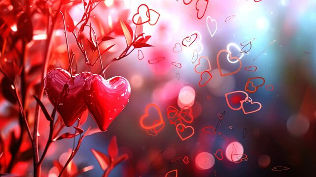 33 seconds of computer generated love heart shapes floating up and away on AI generated Valentine illustration banner background hd video animation motion graphics screensaver, red
