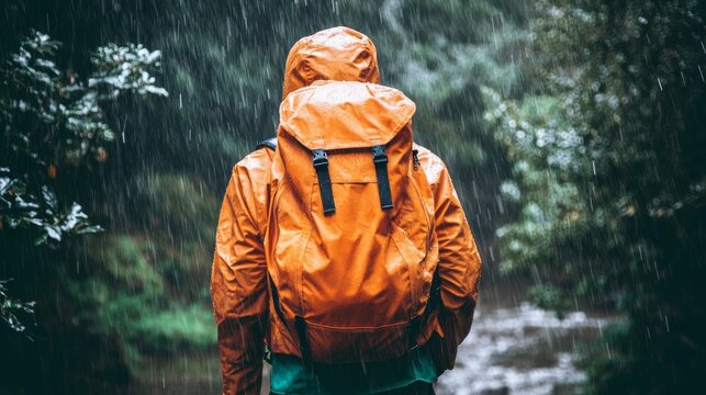 Adventurer in an orange backpack and rain jacket embracing nature s challenges in the rain