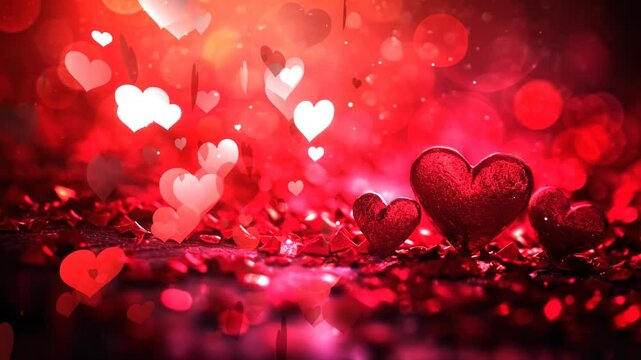 33 seconds of computer generated love heart shapes floating up and away on AI generated Valentine illustration banner background hd video animation motion graphics screensaver, red
