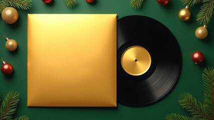 Black vinyl record in golden cover with Christmas decorations on a green background with copy space. Christmas holiday and music concept. Design for greeting card, poster, invitation, banner