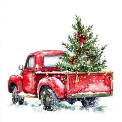 vintage red truck carrying Christmas tree, surrounded by snow, evokes festive winter spirit. Perfect for holiday themes