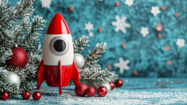 A festive scene featuring a toy rocket among Christmas decorations, creating a whimsical blend of holiday spirit and playful imagination.