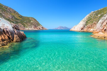Fototapeta premium Ocean conservation marine and protected areas concept. A serene coastal landscape featuring clear turquoise waters, rocky cliffs, and a bright blue sky.