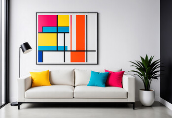 A clean white mockup of a vibrant, abstract painting in a simple, black metal frame. The painting features bold strokes of color and geometric shapes, creating a dynamic and modern aesthetic.