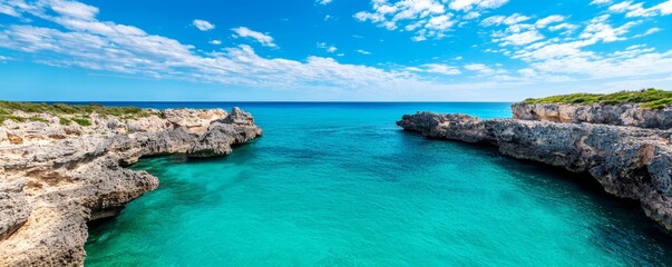 Fototapeta premium Ocean conservation marine and protected areas concept. A stunning view of a turquoise sea framed by rocky cliffs under a bright blue sky, capturing the essence of a serene coastal landscape.