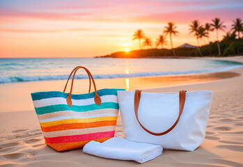 Obraz premium A clean white mockup of a feminine, paired with a straw tote bag with a wide, woven handle. The bag are laid out on a soft, white towel, placed on a sandy beach with a breathtaking sunset