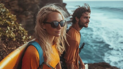 Fototapeta premium Portrait of two adventurous travelers engaging in outdoor activities like surfing together