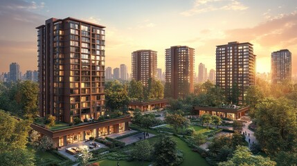 Fototapeta premium Modern residential buildings with lush landscaping at sunset.