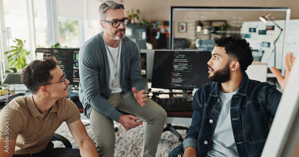 Poster Programmer, teamwork and meeting with business people in office for website developer, coding bootcamp and review. Mentor, collaboration and software engineer with group of employees in tech startup