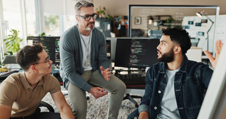Programmer, teamwork and meeting with business people in office for website developer, coding...