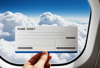 A clean white mockup of a plane ticket with a view of fluffy white clouds through the airplane window. The ticket is held in a hand, with the window frame partially visible in the background.