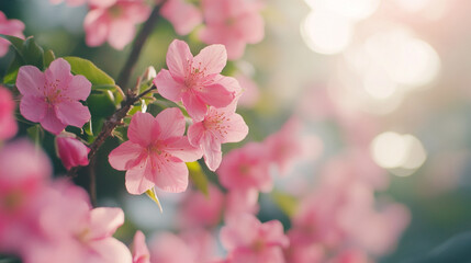 Beautiful pink cherry blossoms blooming in a sunny garden during spring season
