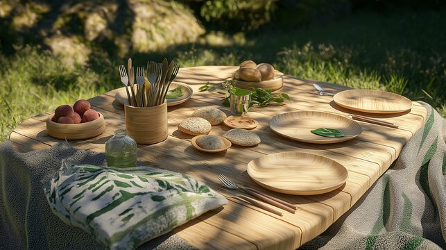 A plastic-free picnic setup featuring reusable bamboo plates, stainless steel utensils, and cloth napkins.