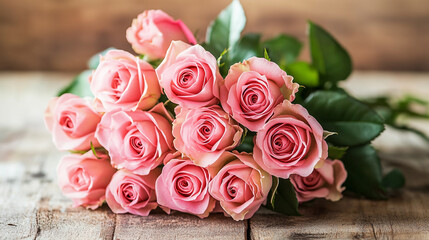 A bouquet of fresh pink roses arranged on a rustic wooden table in soft natural light