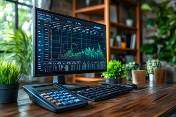 A modern workspace featuring a computer displaying financial data, a calculator, and potted plants, creating an engaging and productive environment.