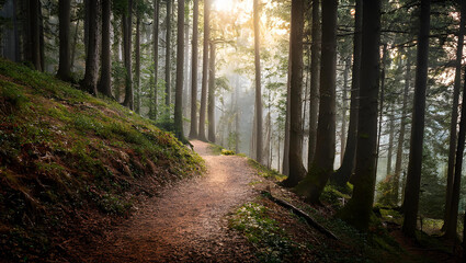 Forest Path at Sunrise: A sunlit path winds through a mystical forest, bathed in the soft glow of morning light.  The scene evokes a sense of tranquility and adventure. 