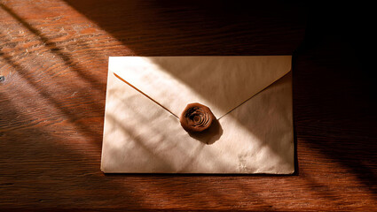 Sealed With Love: A close-up of a delicate, cream-colored envelope sealed with a rustic wooden button, bathed in warm, natural sunlight. The image evokes feelings of anticipation, mystery.