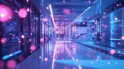 Futuristic corridor with glowing neon lights and cityscape at night, Ai Generated