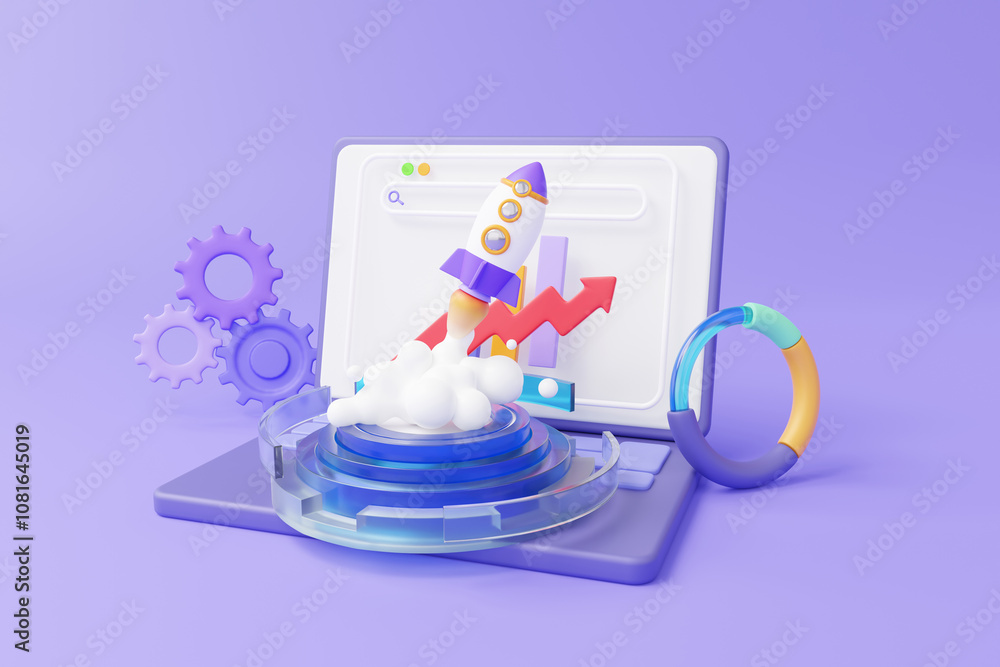 Poster rocket spaceship launch optimization new technology development process, computer laptop save data g
