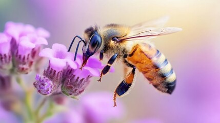 Fototapeta premium A honeybee in flight, collecting nectar from a pink flower.