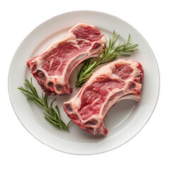 Fototapeta premium Raw lamb shoulder chops on white plate isolated on transparent background
