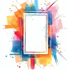 A colorful abstract background featuring vibrant splashes of paint surrounding a blank rectangular frame.