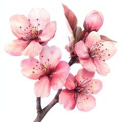 Delicate pink cherry blossoms blooming on a branch, showcasing intricate petals and a vibrant, soft color palette.