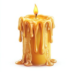 A vibrant, melting candle with a flickering flame, exuding warm light and a rich golden hue, creating a cozy ambiance.