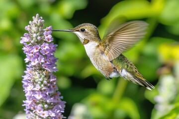 Fototapeta premium Hummingbird Feeding on Butterfly Bush Flowers in Garden