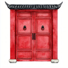 A vibrant red double door with traditional Asian architectural features, including a dark overhanging roof and lion-head knockers.