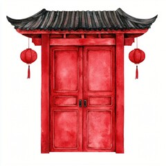 A vibrant red Chinese door with traditional architecture and decorative lanterns, symbolizing culture and elegance.