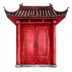 A vibrant red temple entrance featuring traditional Asian architecture, characterized by a curved roof and double doors.