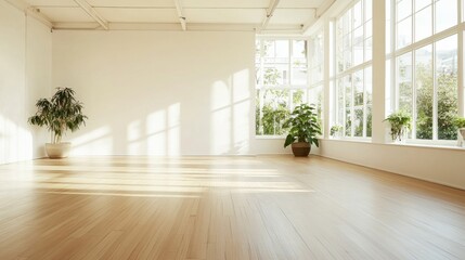 Fototapeta premium A bright and airy yoga studio with wooden floors, large windows, and minimalistic decor