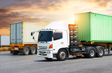 Semi Trailer Trucks on The Parking Lot with Sunset Sky. Cargo Container Shipping. Economy Business Transport on Road. Import- Export. Trucking. Lorry Diesel Truck. Freight Logistics Transportation.