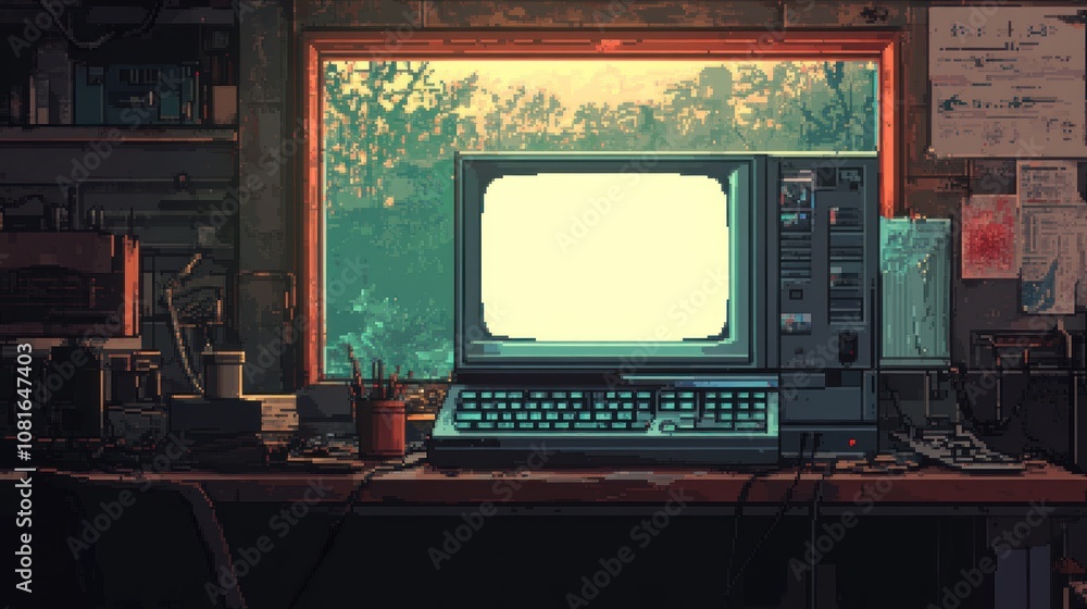 Poster a retro computer with a blank screen sits on a desk in a dimly lit room, with a window behind it sho