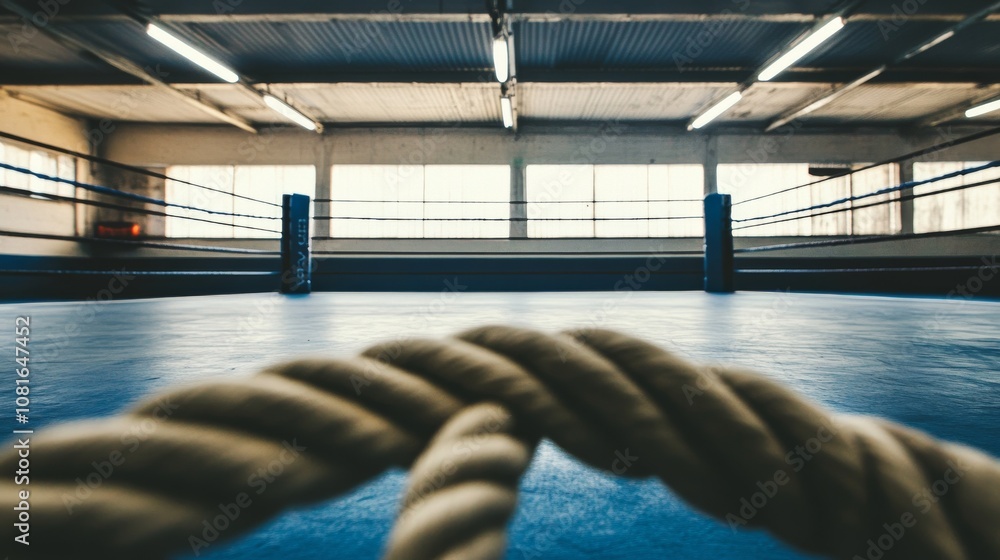 Poster a clean and organized boxing ring with ropes and neutral lighting, indoor setting with minimal distr