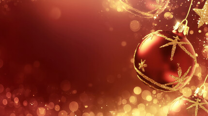 Red and gold christmas background with ornament on right side with copy space