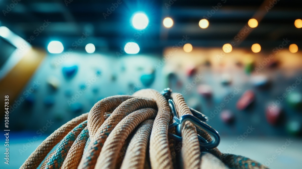 Poster a climbing rope with carabiner and chalk dust, indoor setting at a climbing gym with bright lights, 