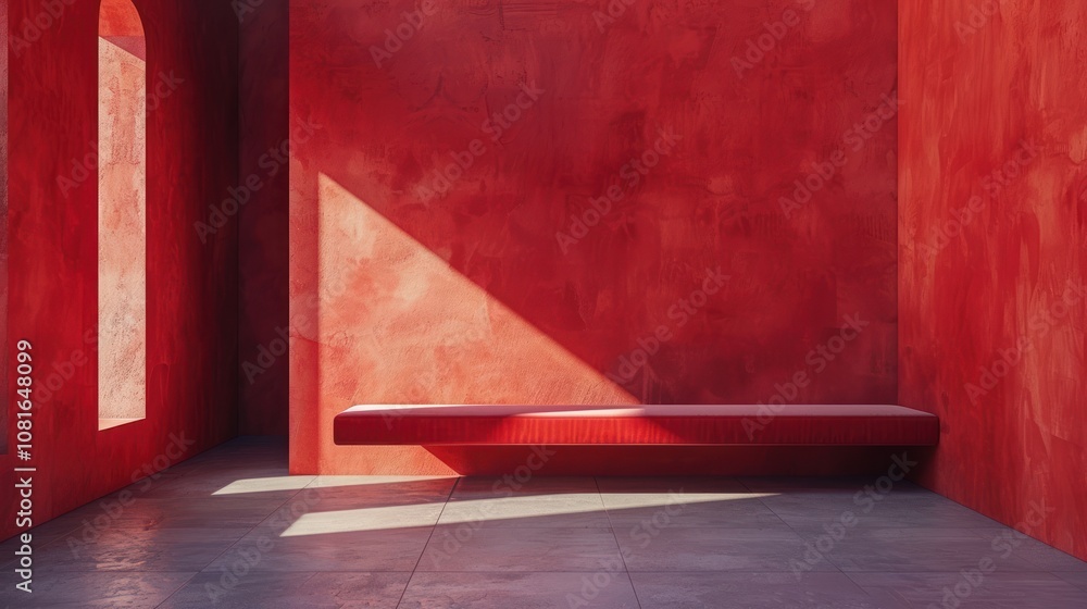 Poster red room with a window and a bench in the corner.