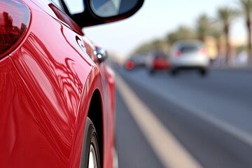 Fototapeta premium A red car driving down a street with other cars in the background