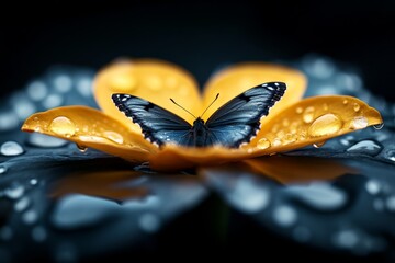 A butterfly sitting on top of a yellow flower with water droplets