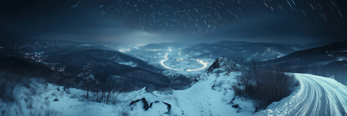 Fototapeta premium Nighttime star trails mountain view landscape photography winter wonderland elevated perspective cosmic beauty