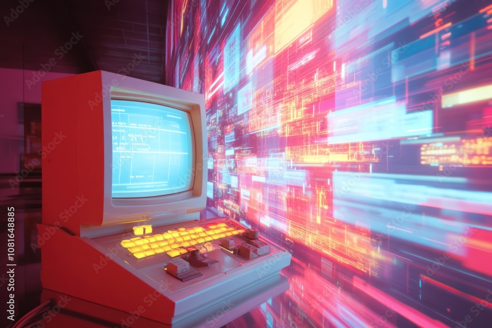 Poster retro computer with glowing screen against a wall of digital data.